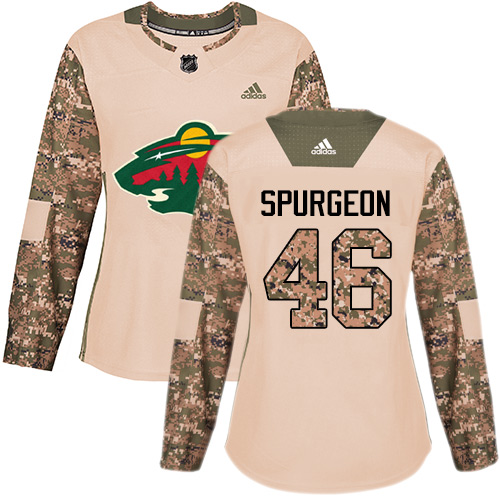 Adidas Wild #46 Jared Spurgeon Camo Authentic Veterans Day Women's Stitched NHL Jersey - Click Image to Close